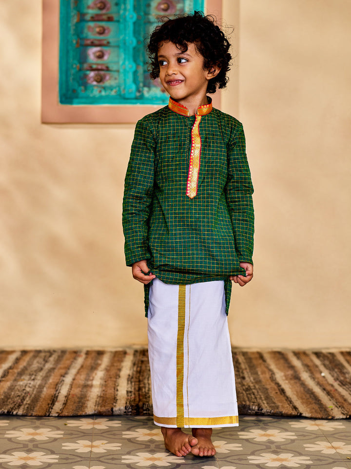 Vastramay Infant Boys' Green And White Cotton Blend Kurta And Mundu Set - qivii