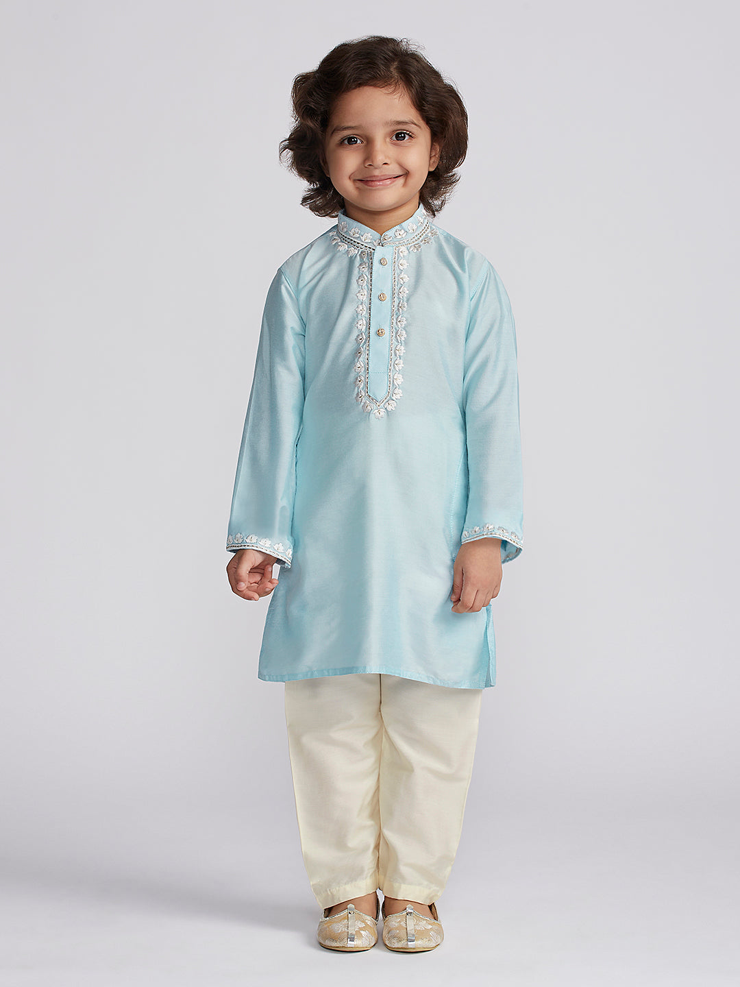 VASTRAMAY Boys' Aqua And Cream Kurta And Pyjama Set - qivii