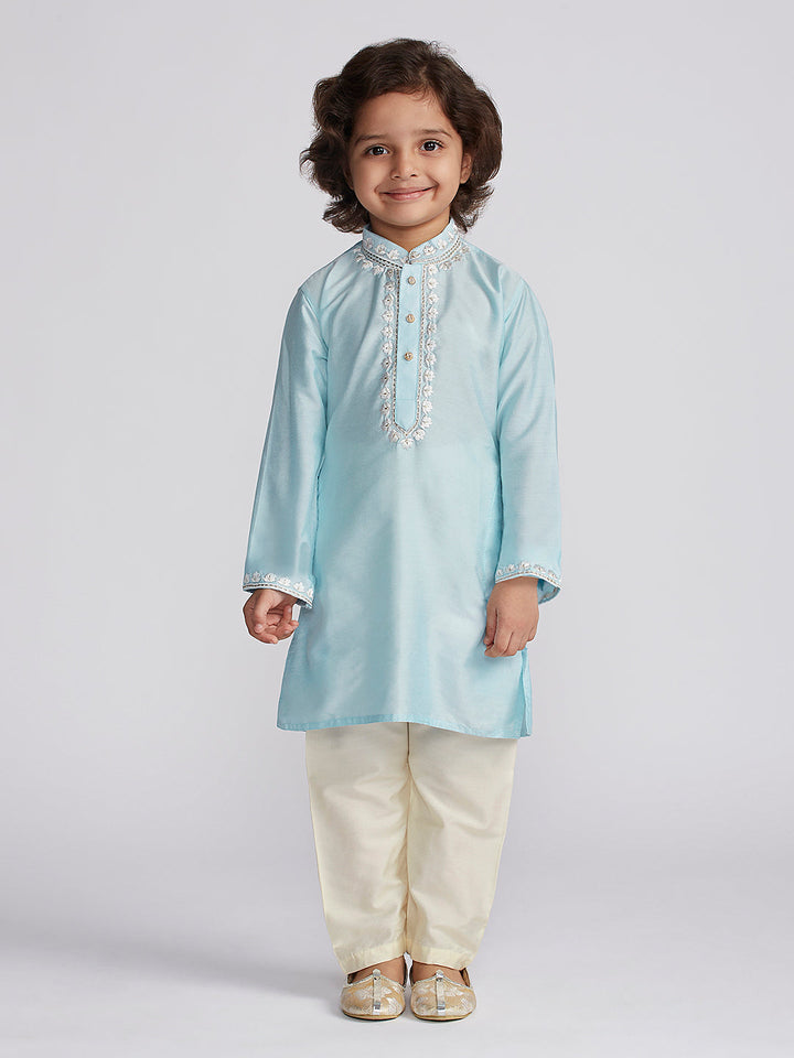 VASTRAMAY Boys' Aqua And Cream Kurta And Pyjama Set - qivii
