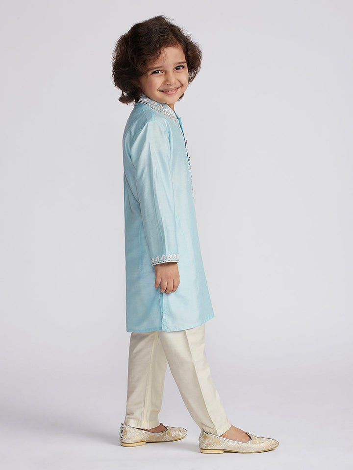 VASTRAMAY Boys' Aqua And Cream Kurta And Pyjama Set - qivii