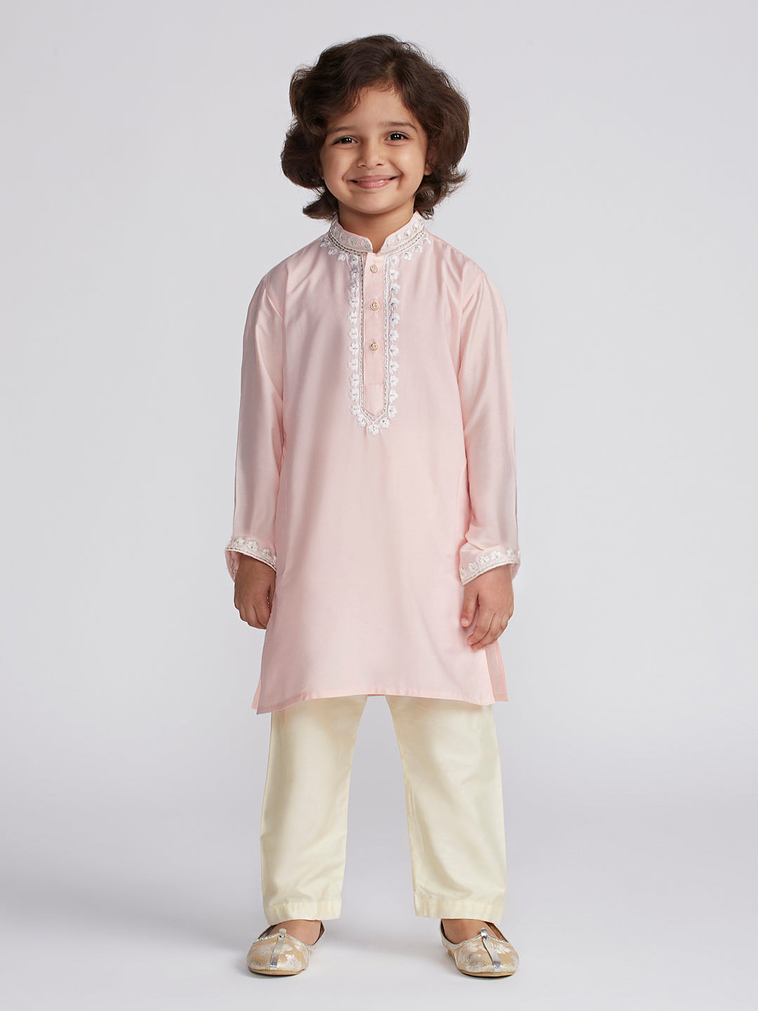VASTRAMAY Boys' Pink And Cream Kurta And Pyjama Set - qivii