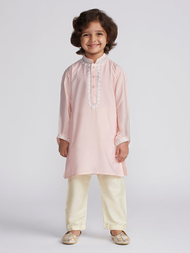 VASTRAMAY Boys' Pink And Cream Kurta And Pyjama Set - qivii