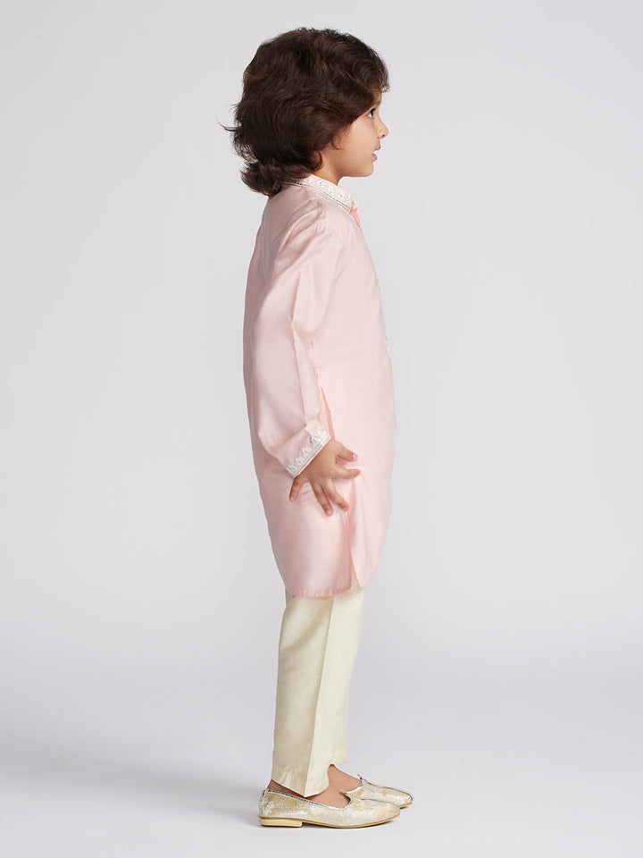 VASTRAMAY Boys' Pink And Cream Kurta And Pyjama Set - qivii