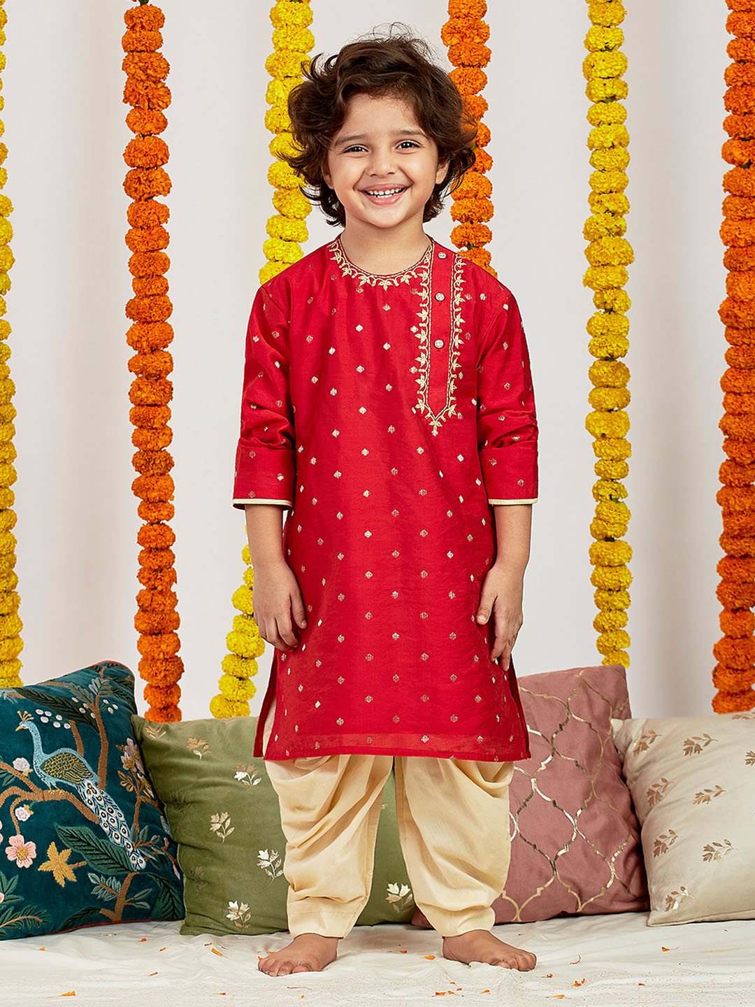 VASTRAMAY Boys' Red And Gold Kurta and Dhoti Set - qivii