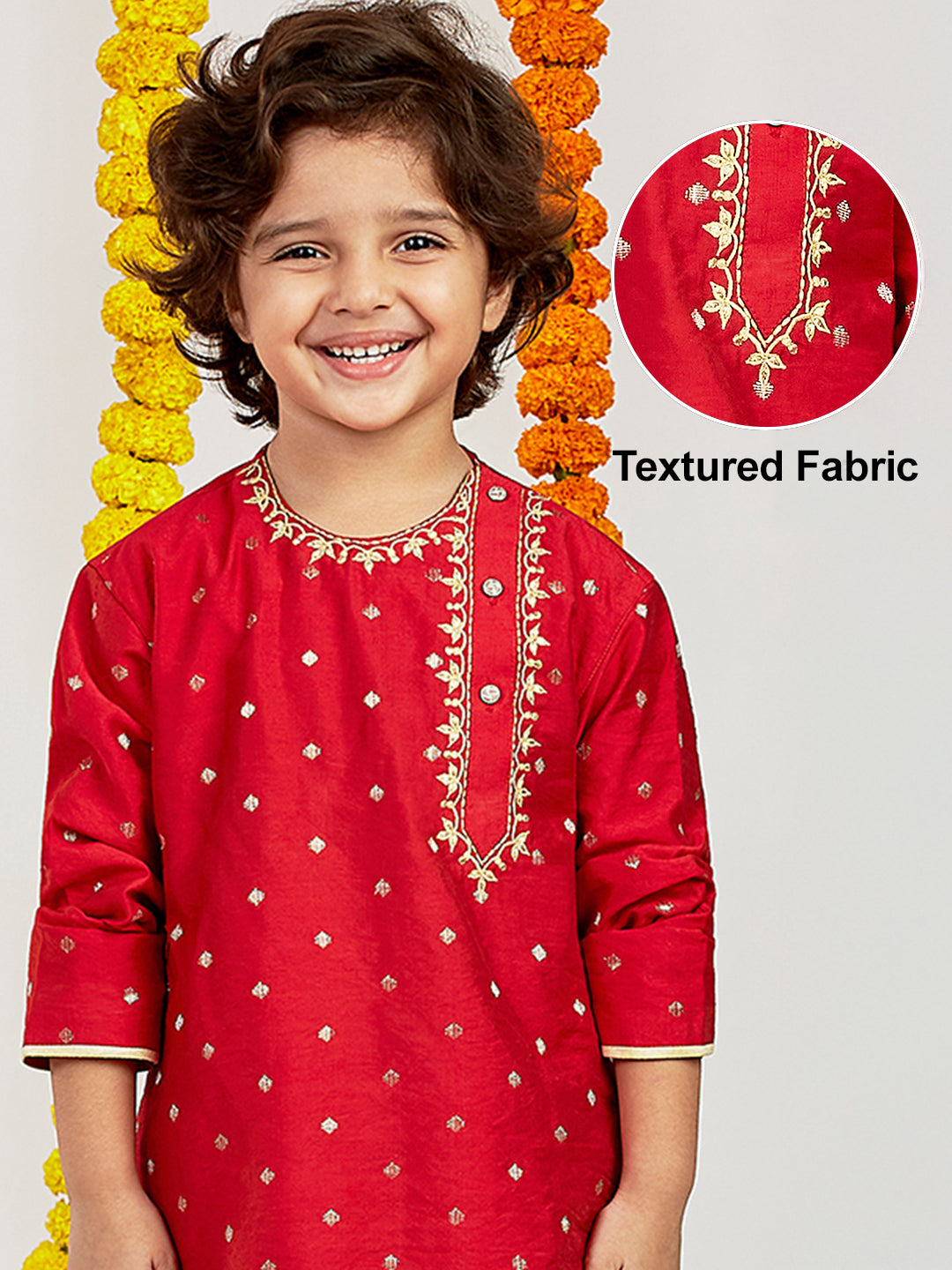 VASTRAMAY Boys' Red And Gold Kurta and Dhoti Set - qivii