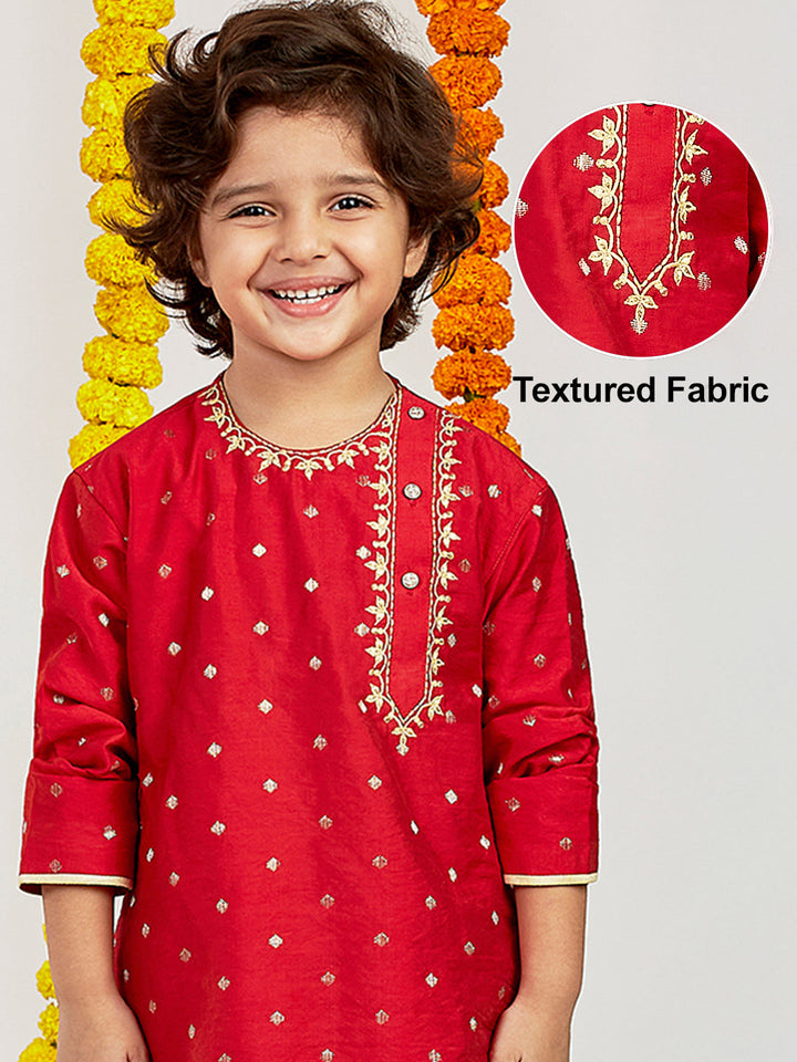 VASTRAMAY Boys' Red And Gold Kurta and Dhoti Set - qivii