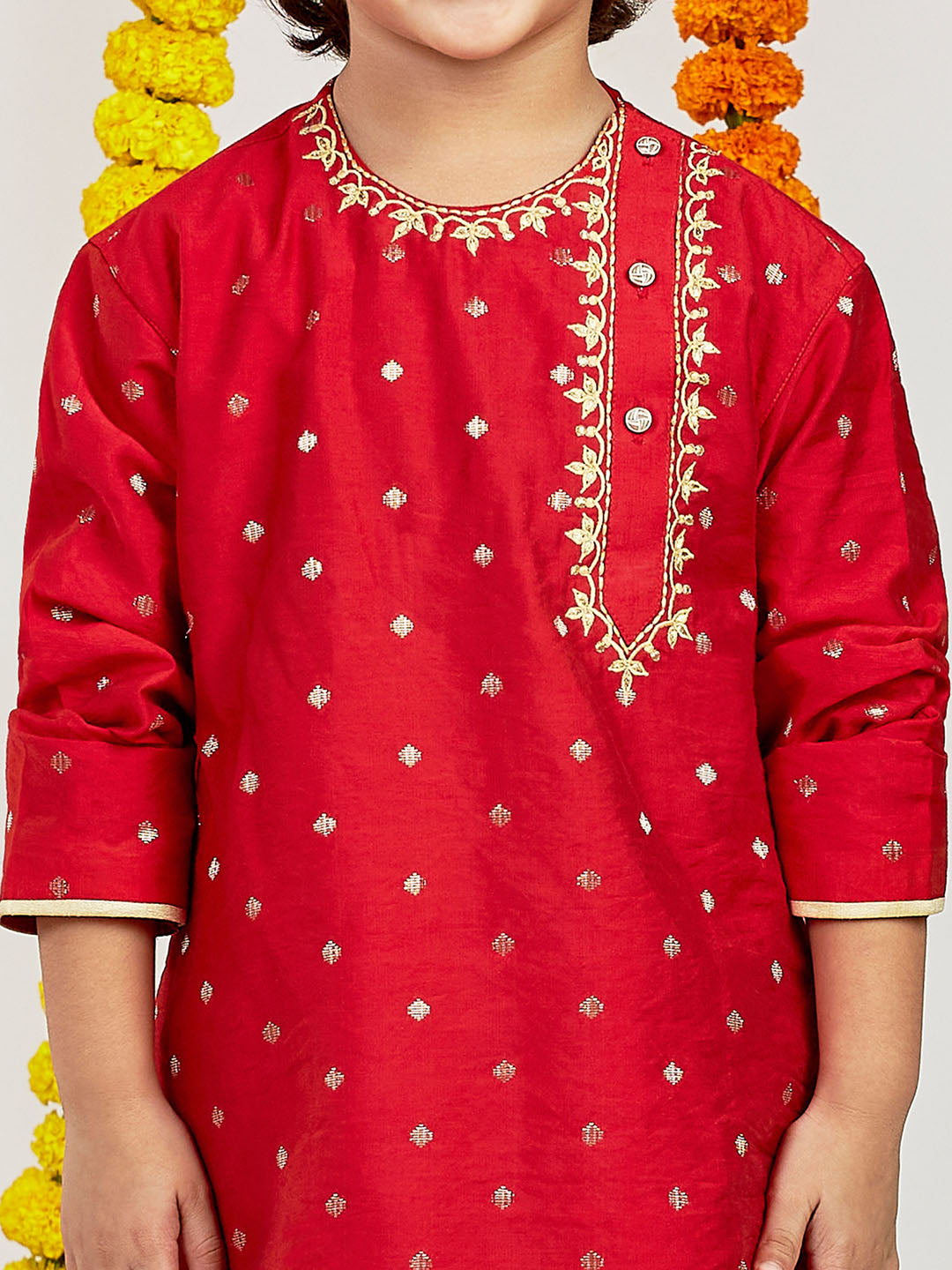 VASTRAMAY Boys' Red And Gold Kurta and Dhoti Set - qivii