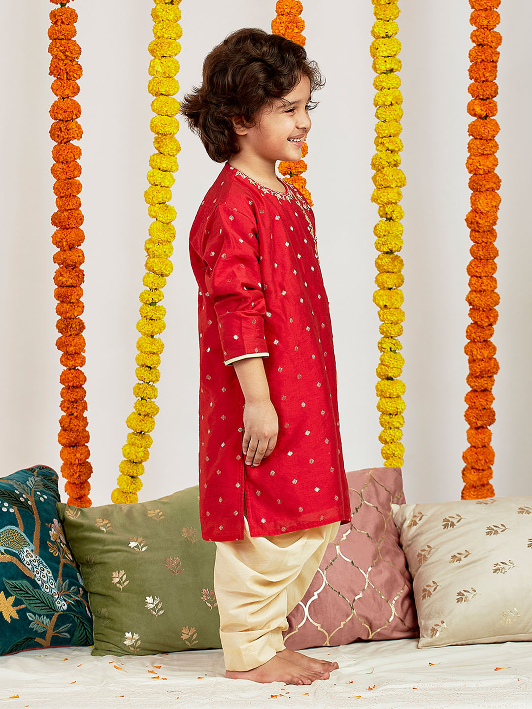 VASTRAMAY Boys' Red And Gold Kurta and Dhoti Set - qivii