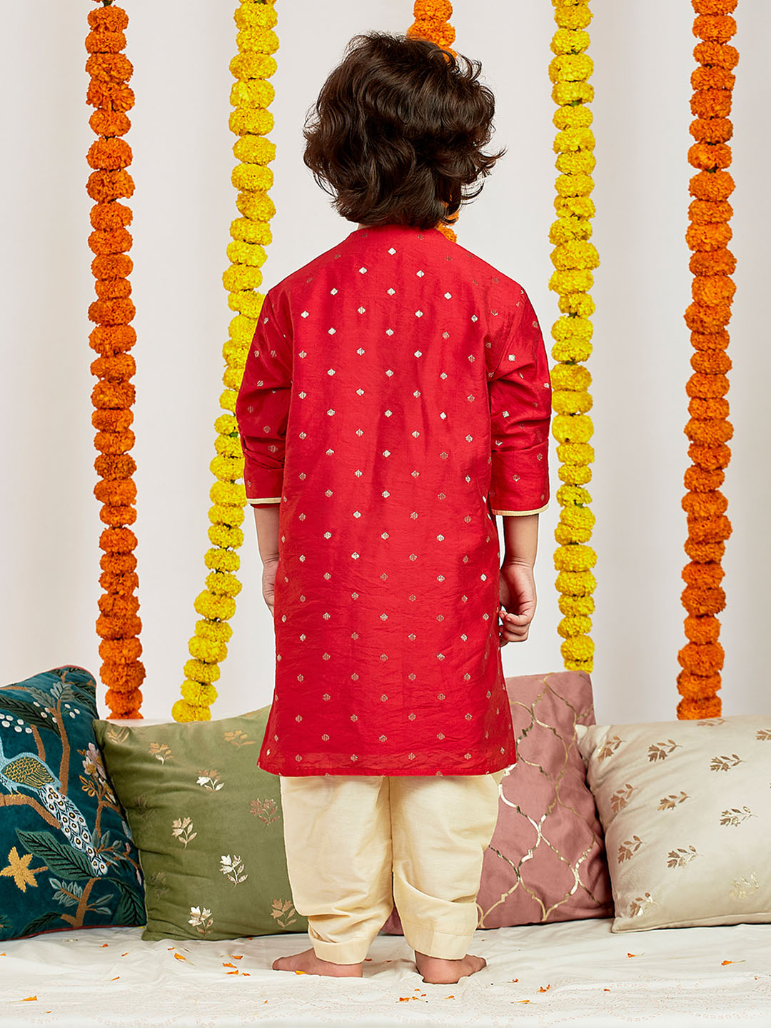 VASTRAMAY Boys' Red And Gold Kurta and Dhoti Set - qivii