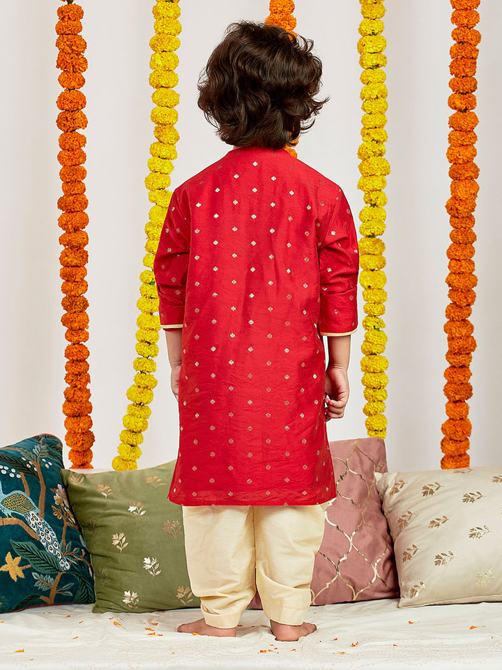 VASTRAMAY Boys' Red And Gold Kurta and Dhoti Set - qivii