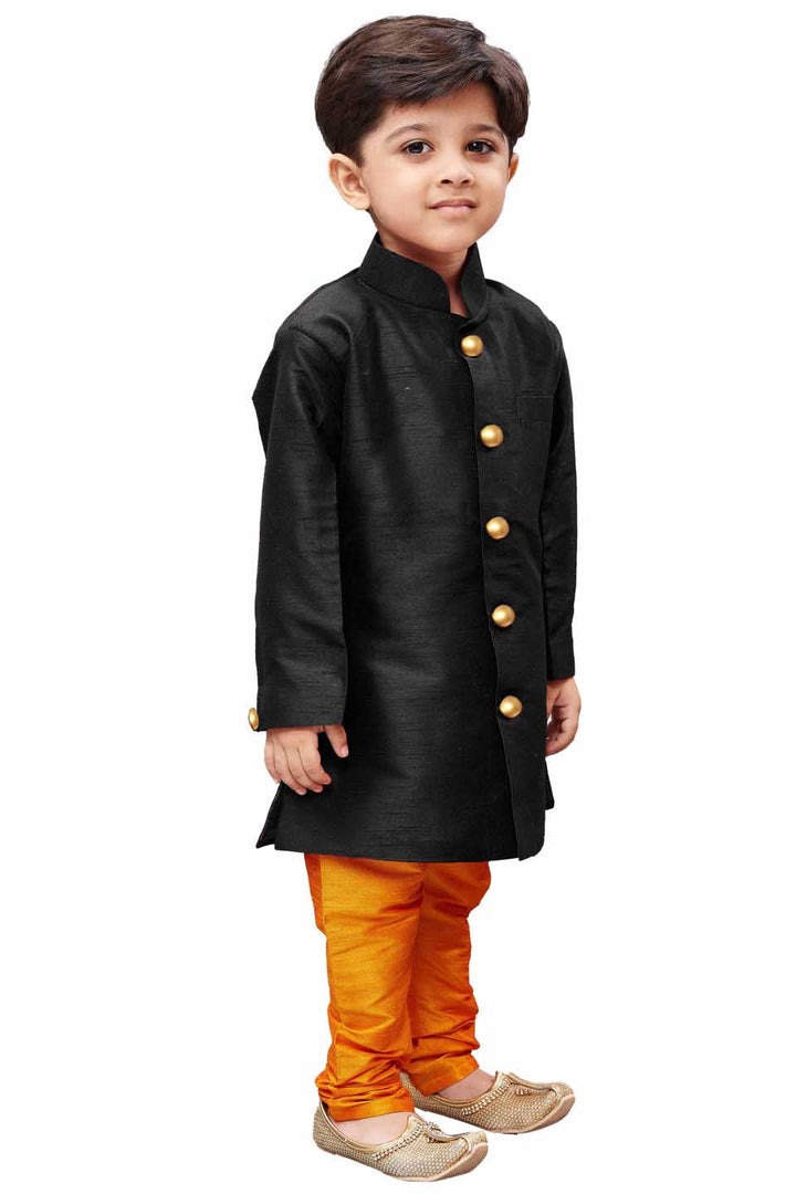 VASTRAMAY Boys' Black Silk Blend Sherwani - qivii