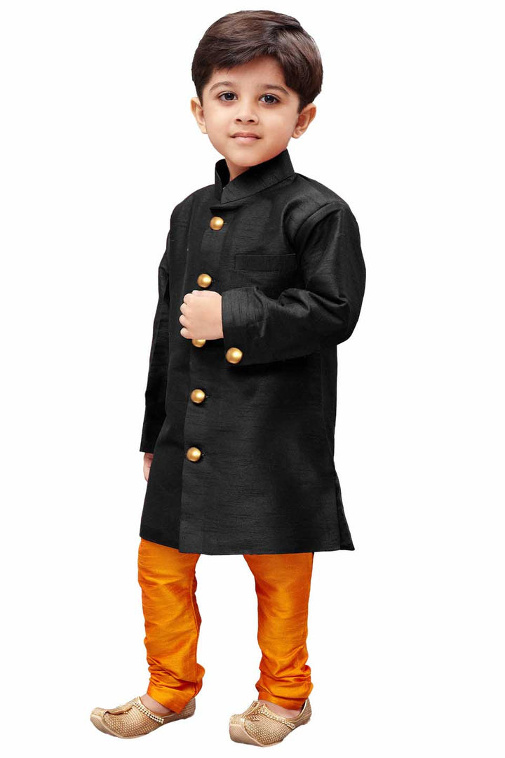 VASTRAMAY Boys' Black Silk Blend Sherwani - qivii
