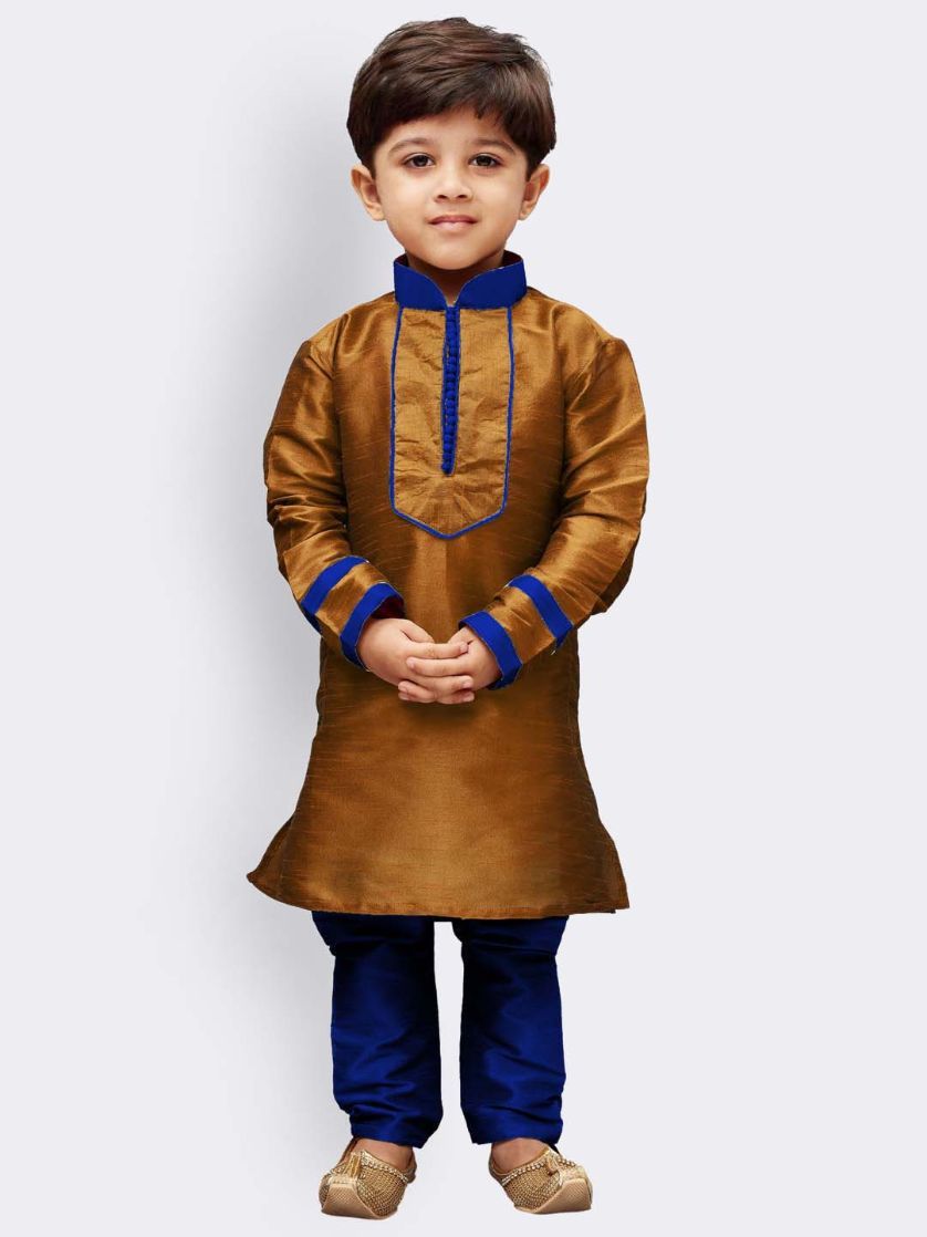 Vastramay Boys' Brown Cotton Silk Kurta and Pyjama Set - qivii