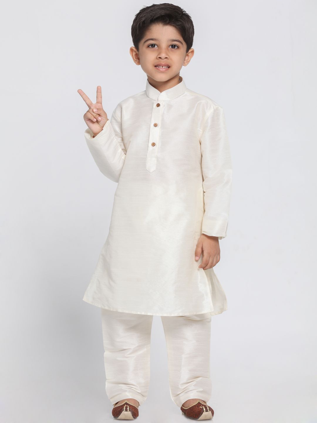 VASTRAMAY Boys' Cream Cotton Silk Blend Kurta and Pyjama Set - qivii
