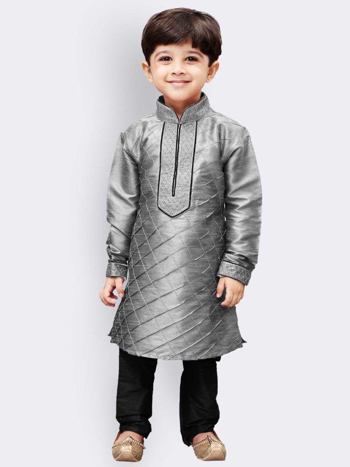 Vastramay Boys' Grey Cotton Silk Kurta and Pyjama Set - qivii