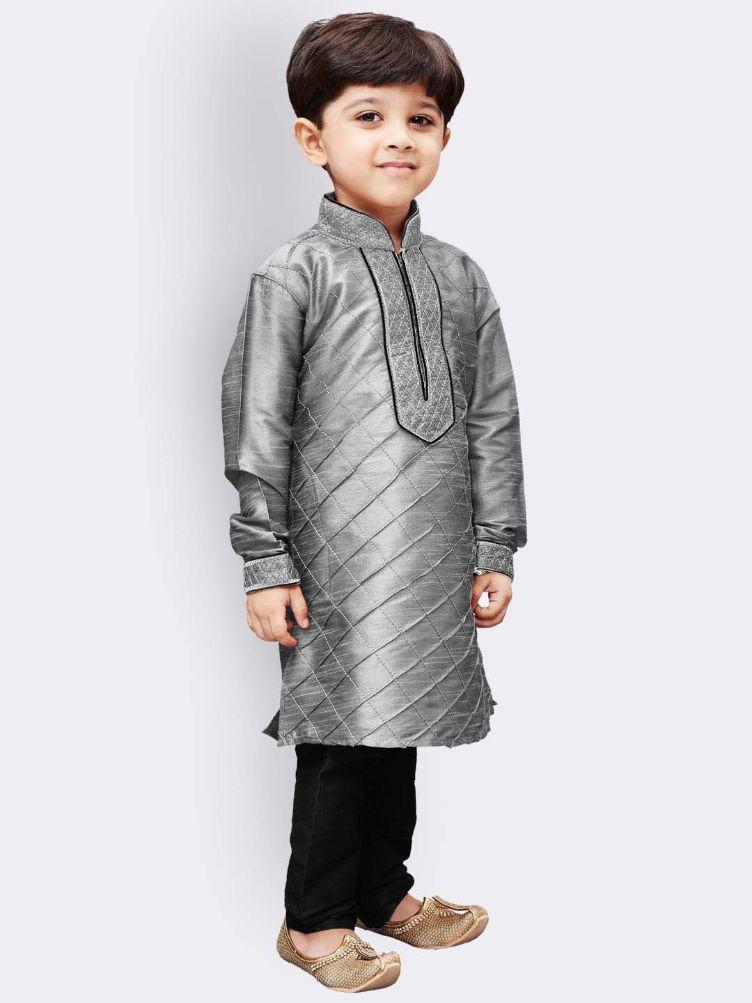 Vastramay Boys' Grey Cotton Silk Kurta and Pyjama Set - qivii
