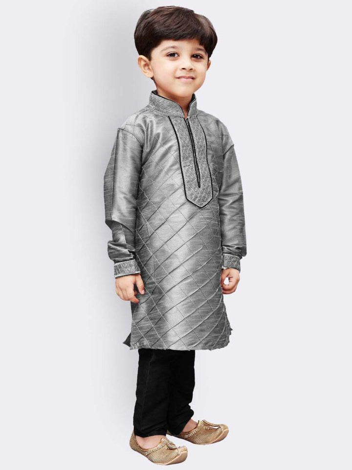 Vastramay Boys' Grey Cotton Silk Kurta and Pyjama Set - qivii