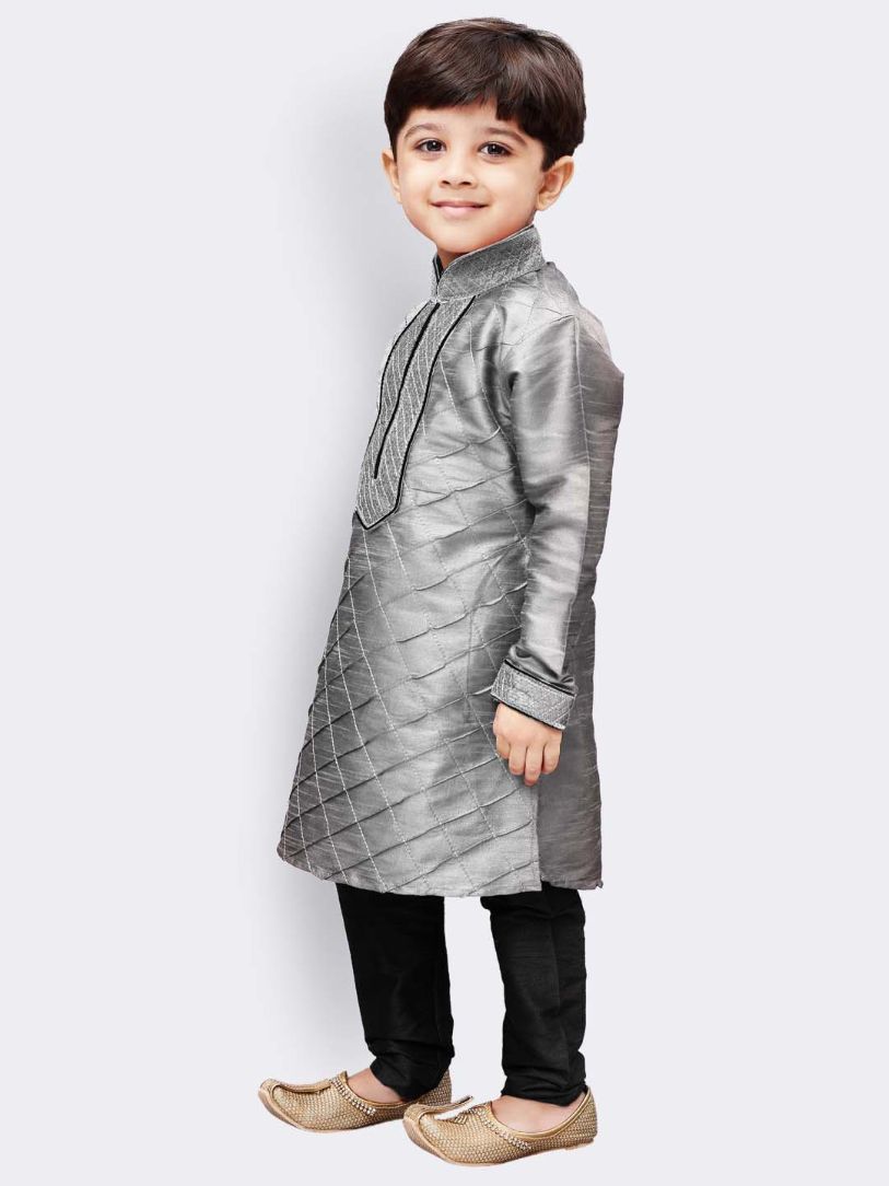 Vastramay Boys' Grey Cotton Silk Kurta and Pyjama Set - qivii