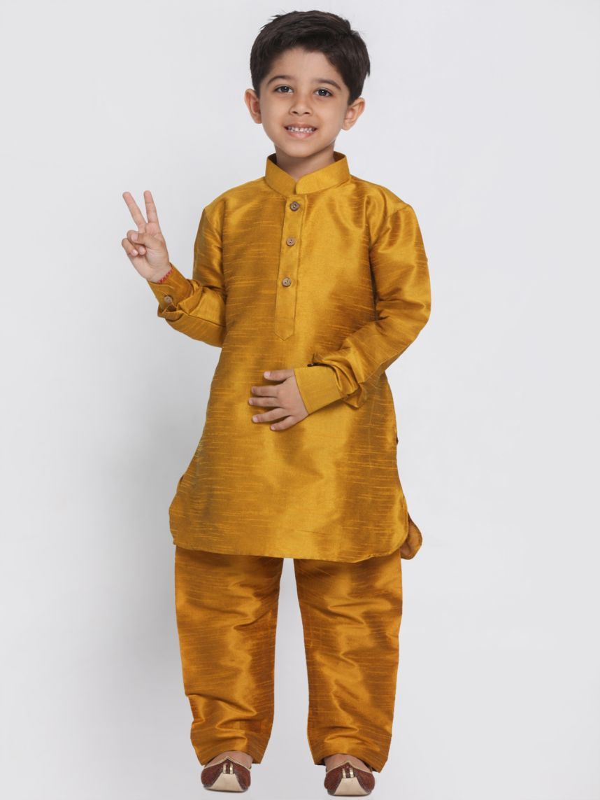 VASTRAMAY Boys' Yellow Cotton Silk Blend Kurta and Pyjama Set - qivii