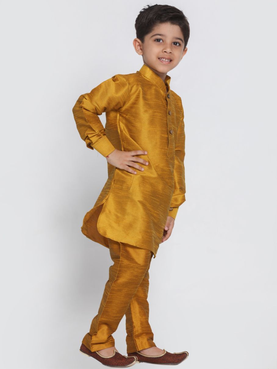 VASTRAMAY Boys' Yellow Cotton Silk Blend Kurta and Pyjama Set - qivii