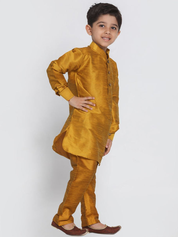 VASTRAMAY Boys' Yellow Cotton Silk Blend Kurta and Pyjama Set - qivii