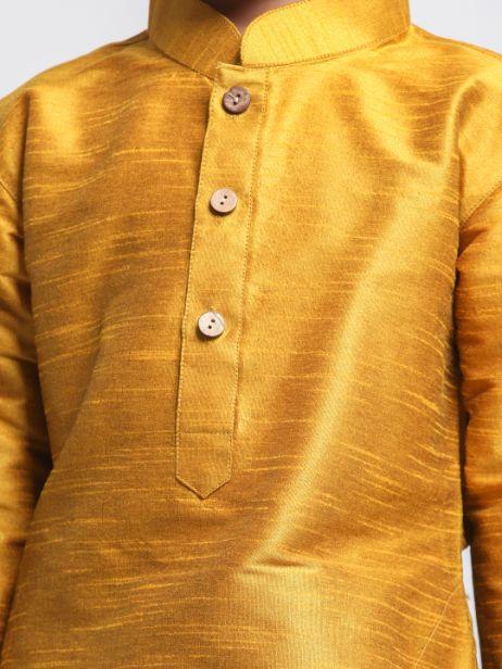 VASTRAMAY Boys' Yellow Cotton Silk Blend Kurta and Pyjama Set - qivii