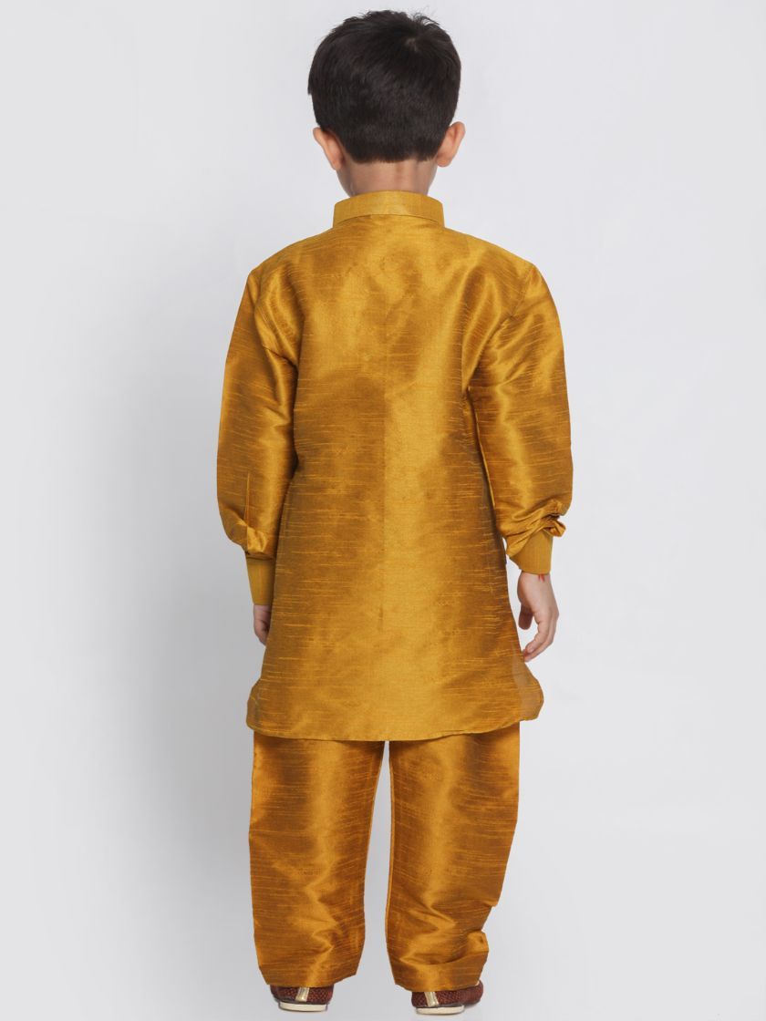 VASTRAMAY Boys' Yellow Cotton Silk Blend Kurta and Pyjama Set - qivii