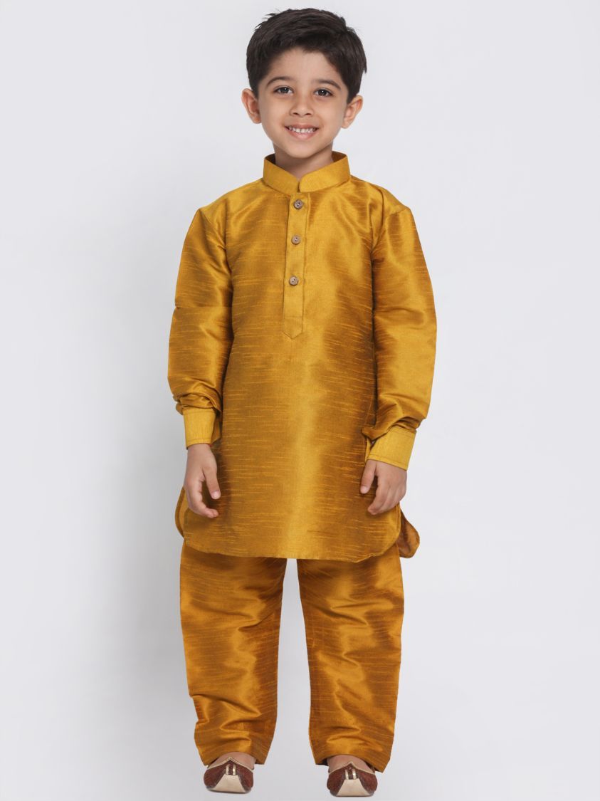 VASTRAMAY Boys' Yellow Cotton Silk Blend Kurta and Pyjama Set - qivii