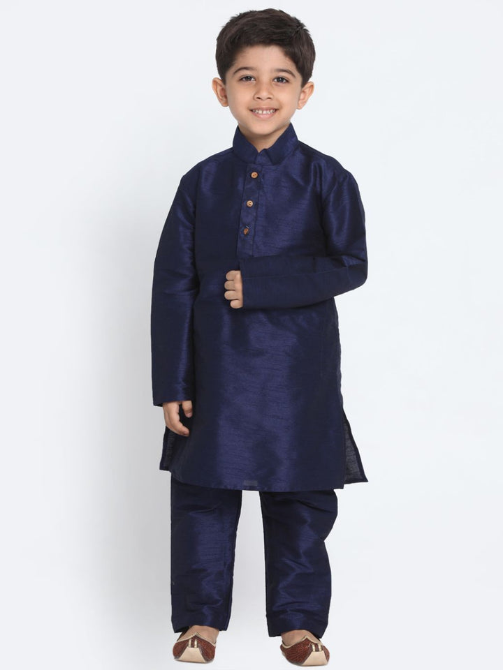 VASTRAMAY Boys' Deep Blue Cotton Silk Blend Kurta and Pyjama Set - qivii