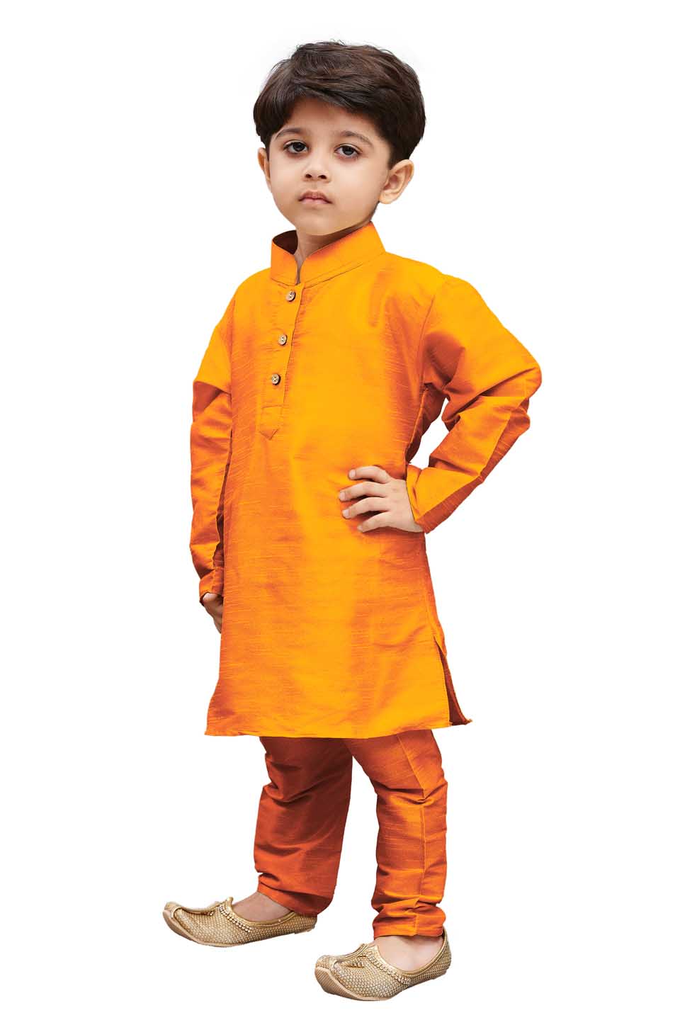 VASTRAMAY Boys' Orange Cotton Silk Blend Kurta and Pyjama Set - qivii