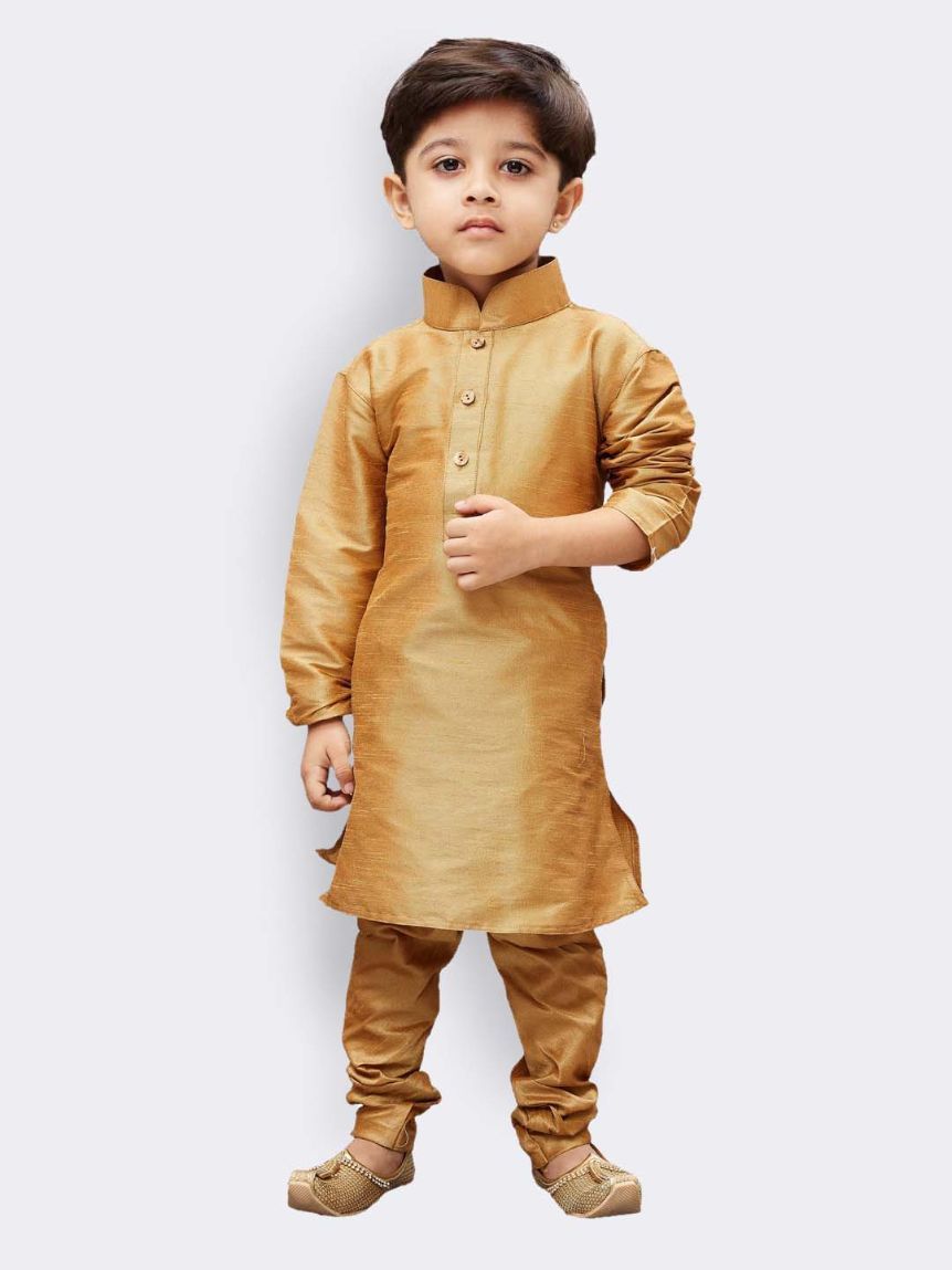 VASTRAMAY Boys' Gold Cotton Silk Kurta and Pyjama Set - qivii