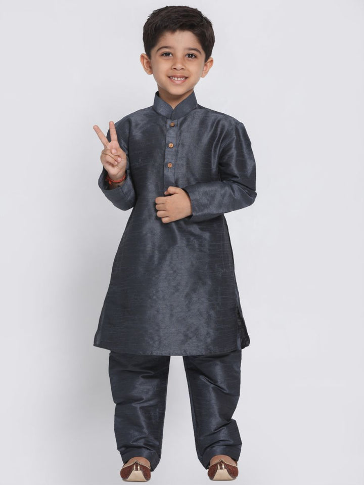 VASTRAMAY Boys' Grey Cotton Silk Blend Kurta and Pyjama Set - qivii