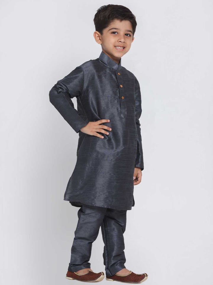 VASTRAMAY Boys' Grey Cotton Silk Blend Kurta and Pyjama Set - qivii