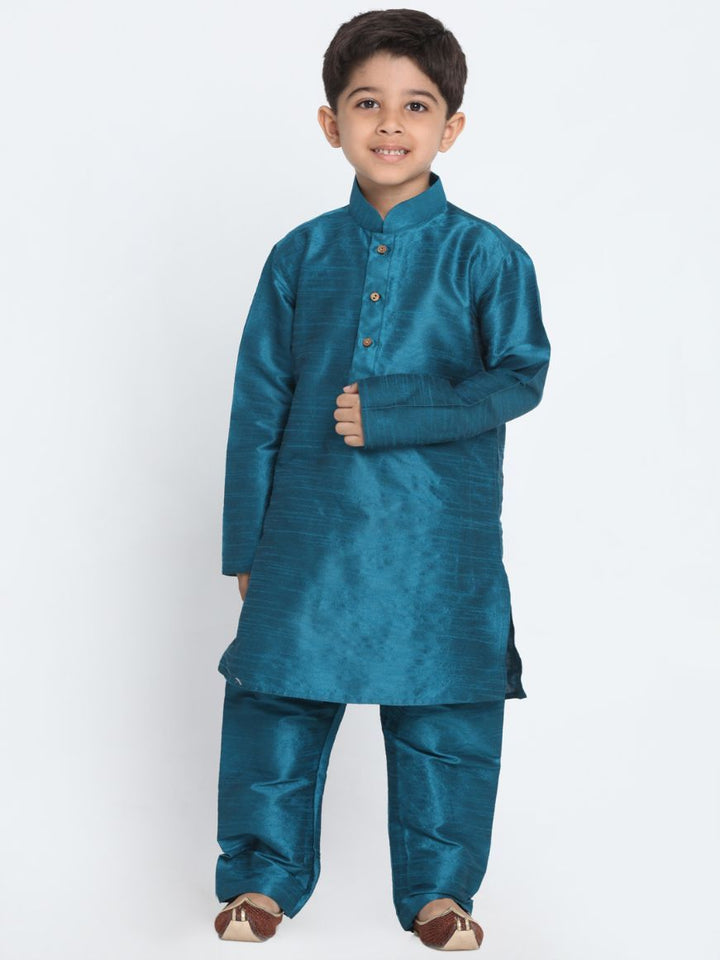 VASTRAMAY Boys' Blue Cotton Silk Blend Kurta and Pyjama Set - qivii