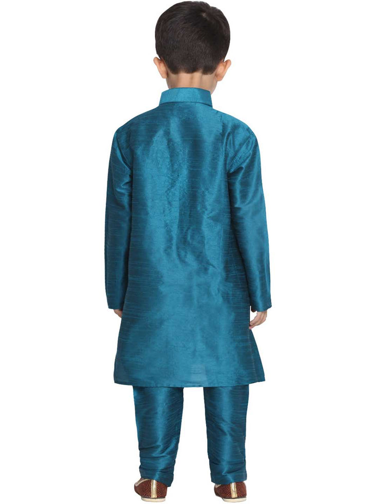 VASTRAMAY Boys' Blue Cotton Silk Blend Kurta and Pyjama Set - qivii