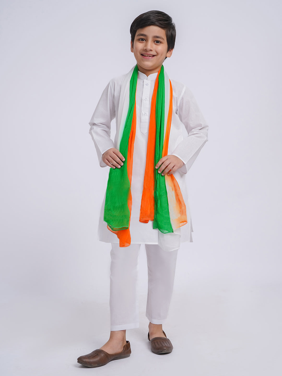 JBN Creation Boys' White Pure Cotton Kurta, Pyjama & Dupatta Set - qivii