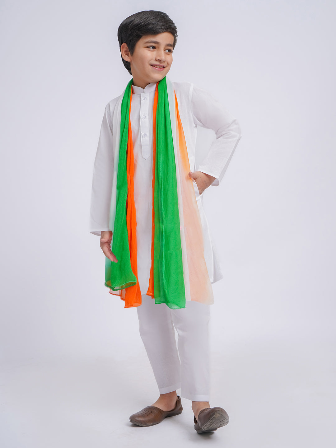 JBN Creation Boys' White Pure Cotton Kurta, Pyjama & Dupatta Set - qivii