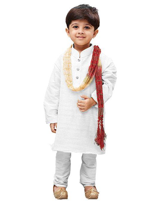 VASTRAMAY Boys' White Cotton Kurta, Pyjama & Dupatta Set - qivii