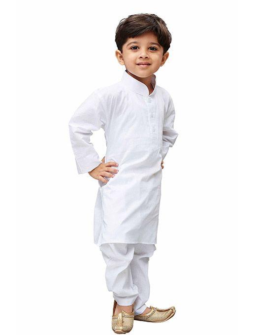 VASTRAMAY Boys' White Cotton Kurta, Pyjama & Dupatta Set - qivii