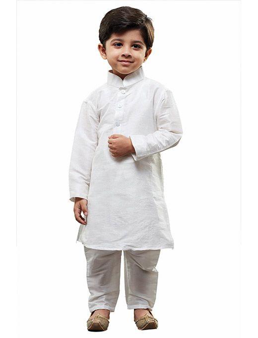 VASTRAMAY Boys' White Cotton Silk Kurta and Pyjama Set - qivii