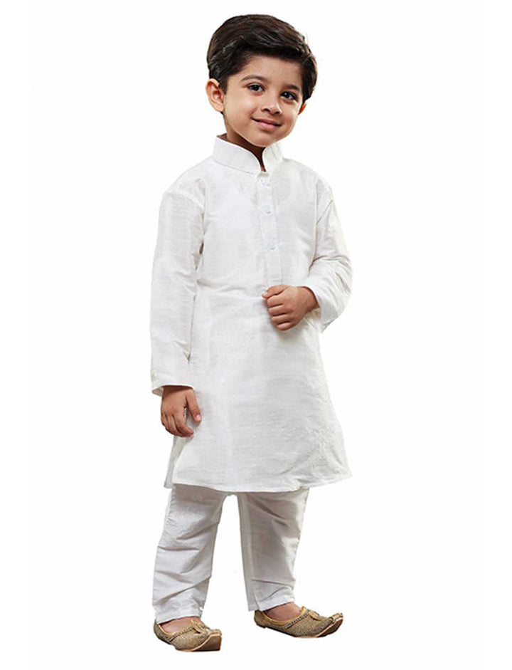 VASTRAMAY Boys' White Cotton Silk Kurta and Pyjama Set - qivii