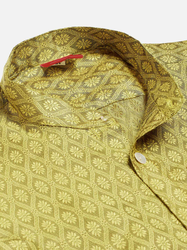VASTRAMAY Boys' Yellow Jacquard Ethnic Shirt - qivii