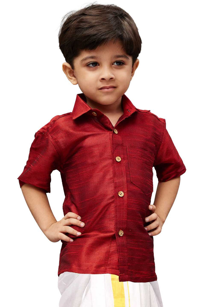 VASTRAMAY Boys Maroon Gold Opaque Ethnic Shirt - qivii