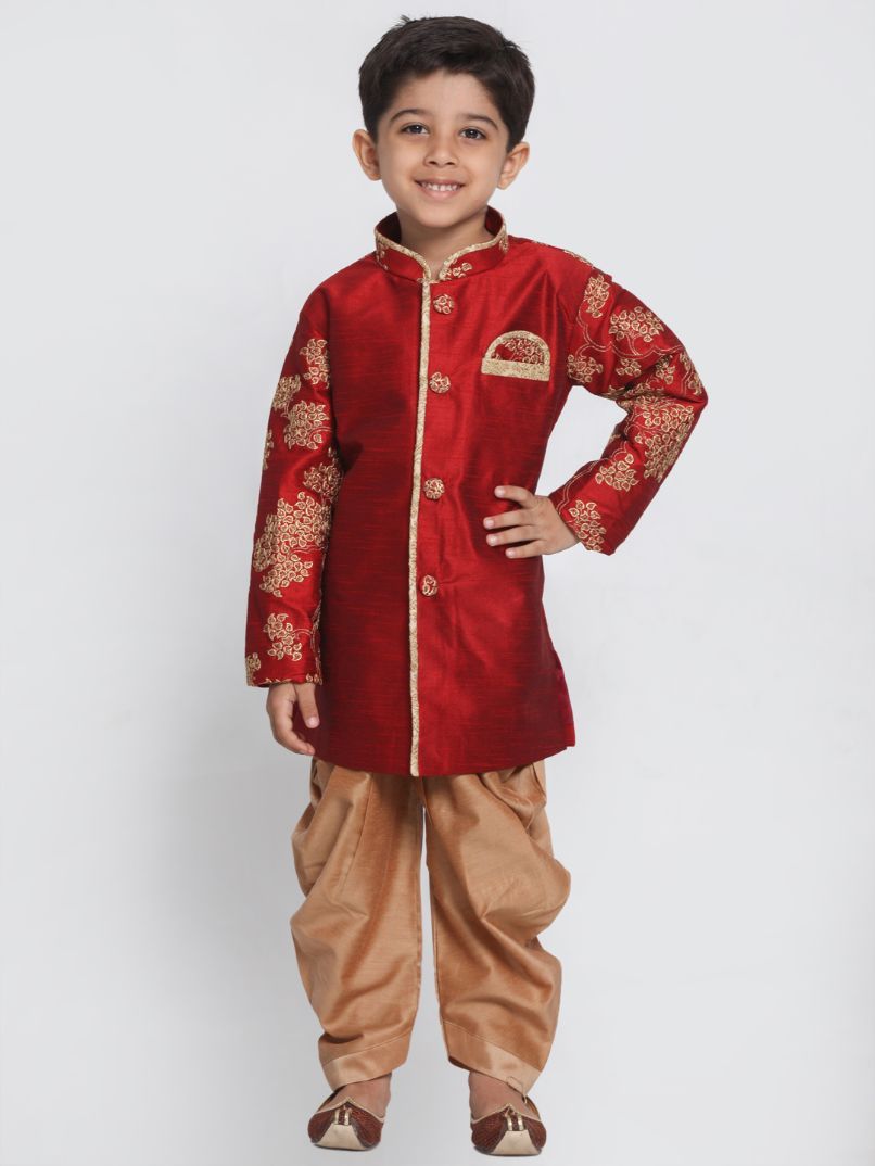 VASTRAMAY Boys' Maroon Cotton Silk Blend Kurta and Dhoti Pant Set - qivii