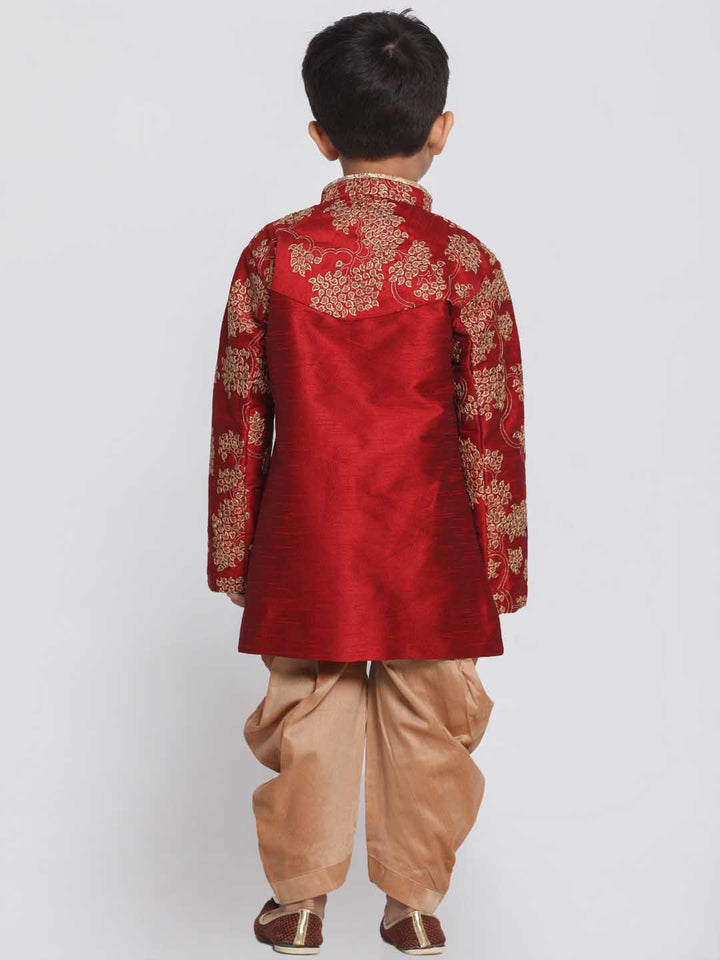 VASTRAMAY Boys' Maroon Cotton Silk Blend Kurta and Dhoti Pant Set - qivii
