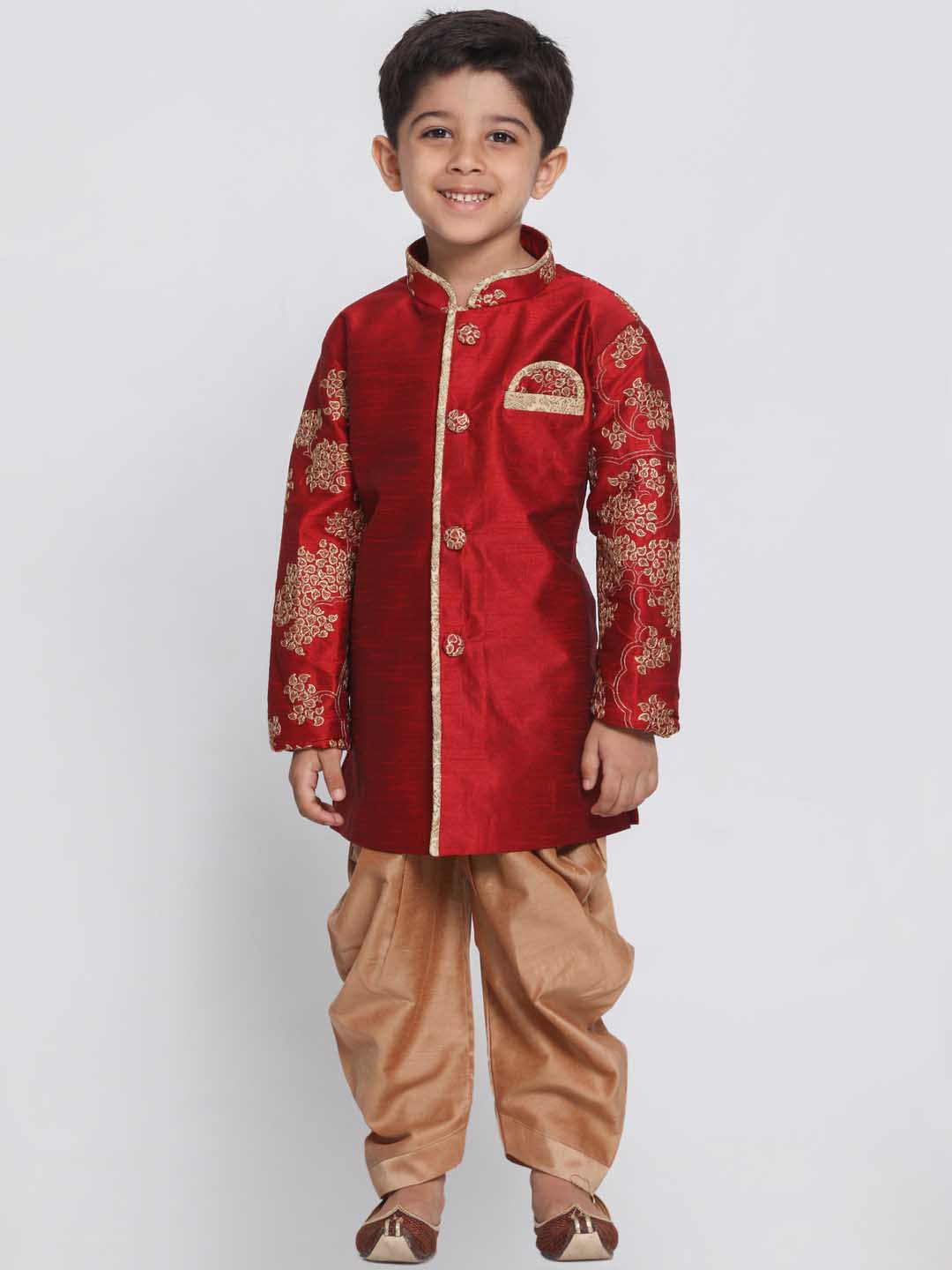 VASTRAMAY Boys' Maroon Cotton Silk Blend Kurta and Dhoti Pant Set - qivii