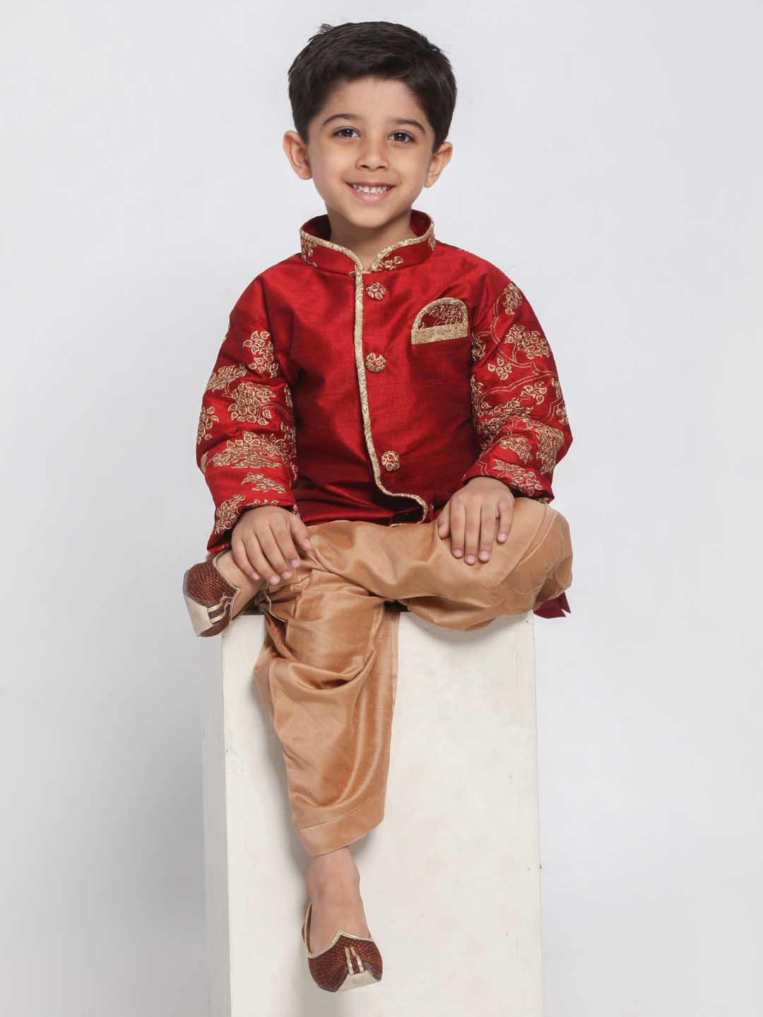 VASTRAMAY Boys' Maroon Cotton Silk Blend Kurta and Dhoti Pant Set - qivii
