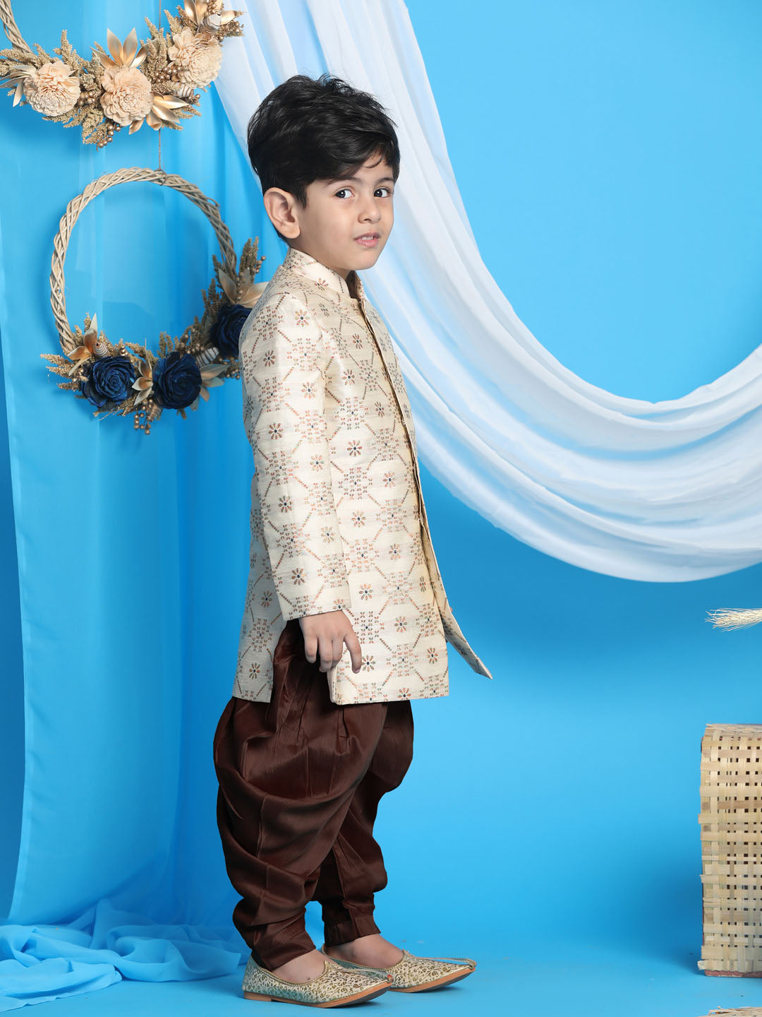 VASTRAMAY Boys Gold And Coffee Sherwani Set - qivii