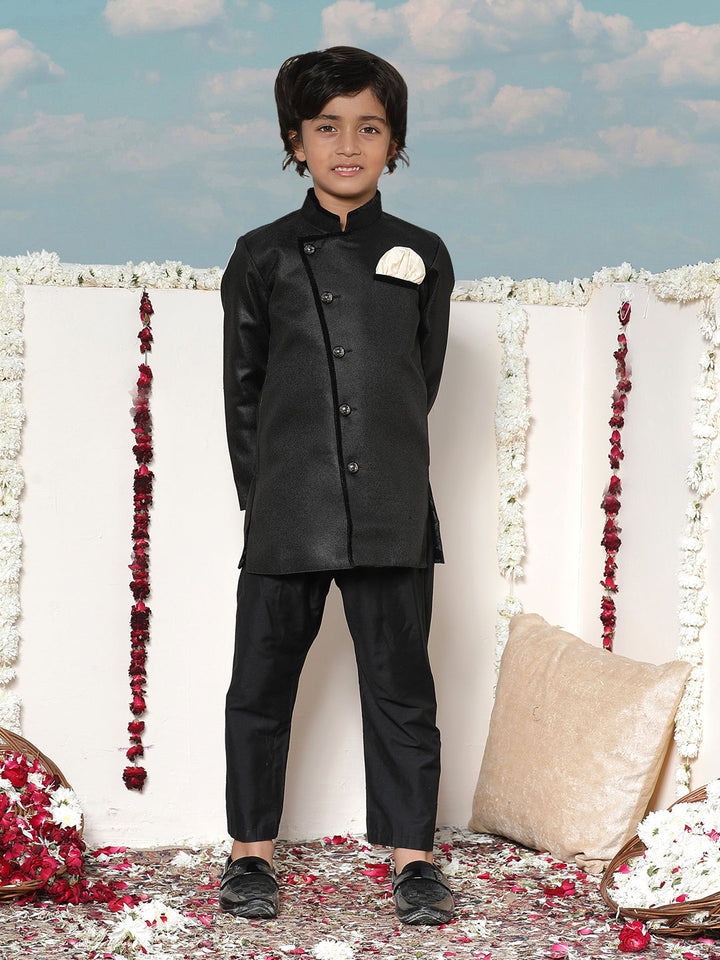 JBN Creation Boys Black and Gold Jute Blend Angrakha Style Sherwani and Pyjama Set - qivii