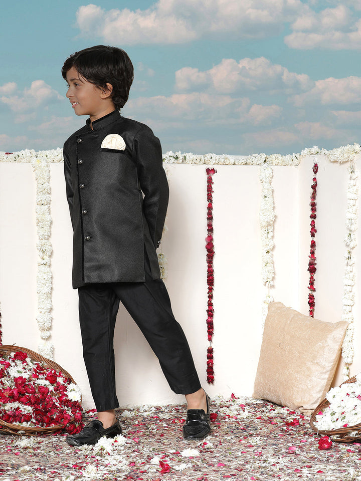 JBN Creation Boys Black and Gold Jute Blend Angrakha Style Sherwani and Pyjama Set - qivii
